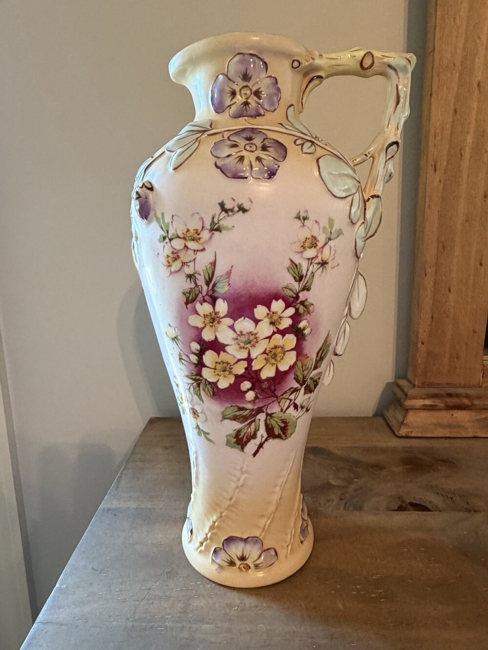 Antique Austria Art Nouveau Ceramic Floral Ewer Pitcher Vase Hand Painted 14.5”T